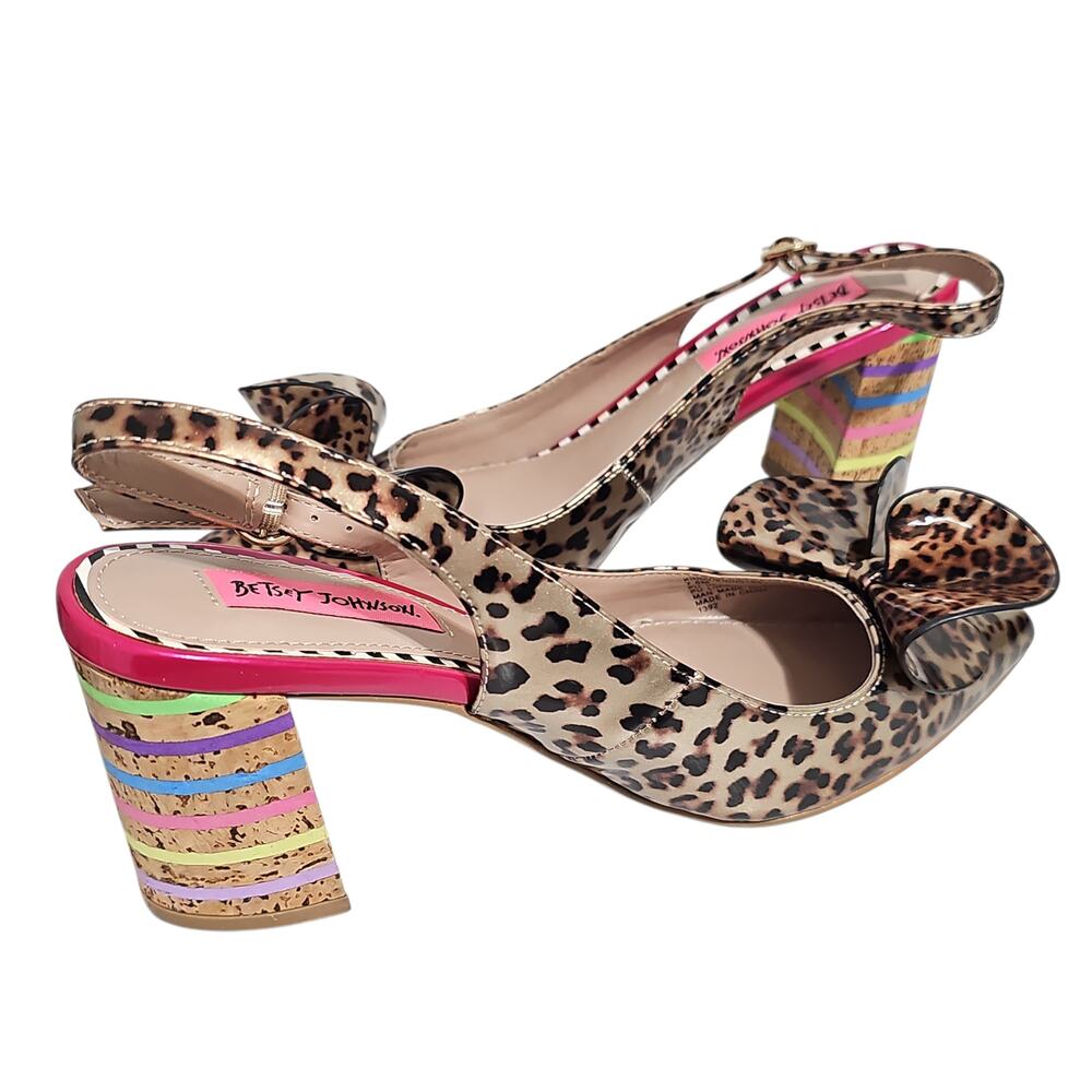 Betsey Johnson Leopard Slingback Pumps Heels Womens 7.5 Colorful Cork Block Heel